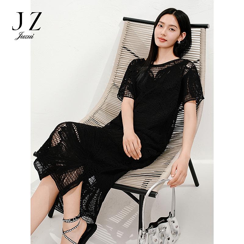Jiuzi Anna Kou Elegant Light and Mature Hand Hook Hollow Flower Short Sleeve Knitted Dress