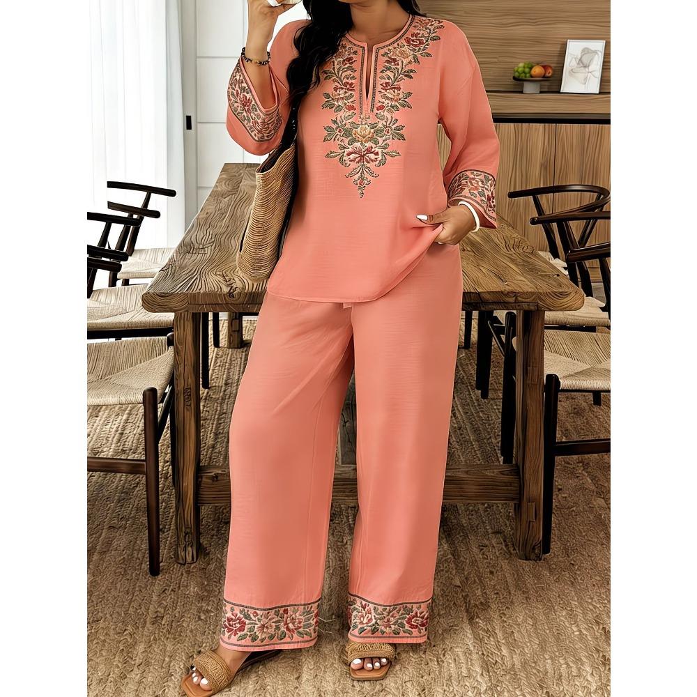 Damen Frühling Sommer Neues 2-teiliges Outfit, V-Ausschnitt 3/4-Ärmel Knopfleiste Hemd & Bedruckte Elastische Taille Lange Hose Set, Digitaldruck Maschine Lässiger Anzug