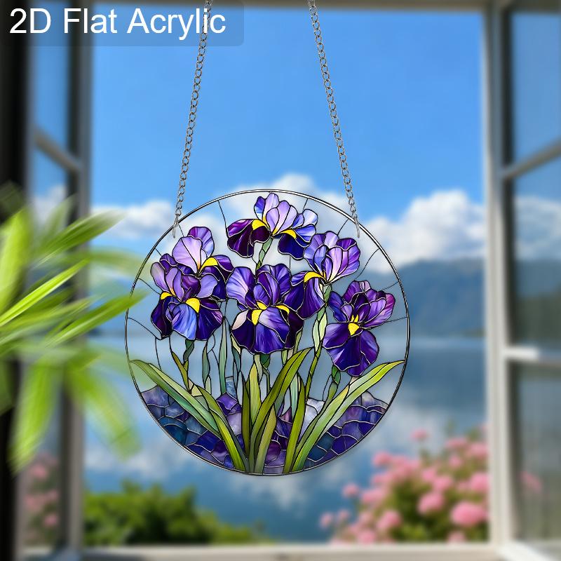 Acrylic Purple Iris Flowers Suncatcher, Stained Glass Effect Window Hanging Ornament for Garden & Flower Lover Gifts