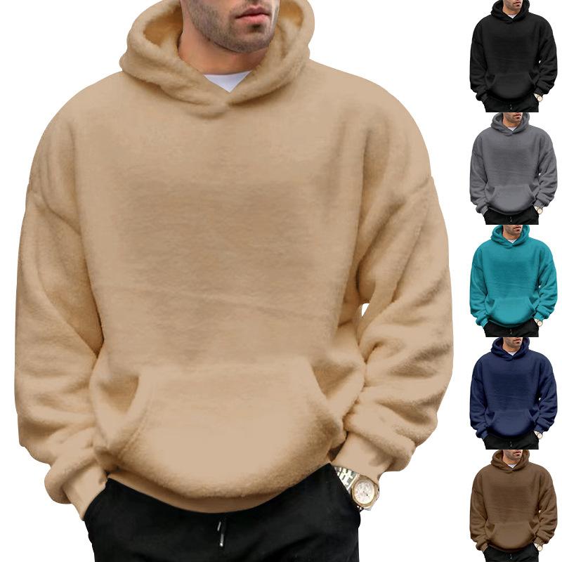 Autumn Winter New Fashion Hoodies Long Sleeve Solid Lamb Wool Sweatshirts Men's Clothing Casual Loose Pockets Korean Trend Tops