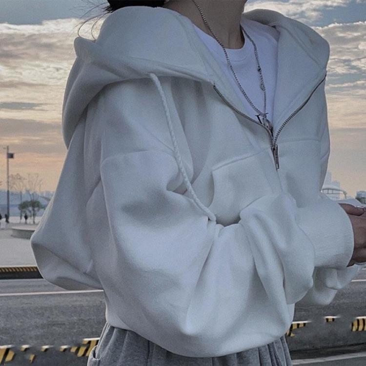 Vintage Korean Women's Oversized Zip Up Hoodie Jacket Long Sleeve Solid Color Harajuku Fashion Autumn Hooded Sweatshirt