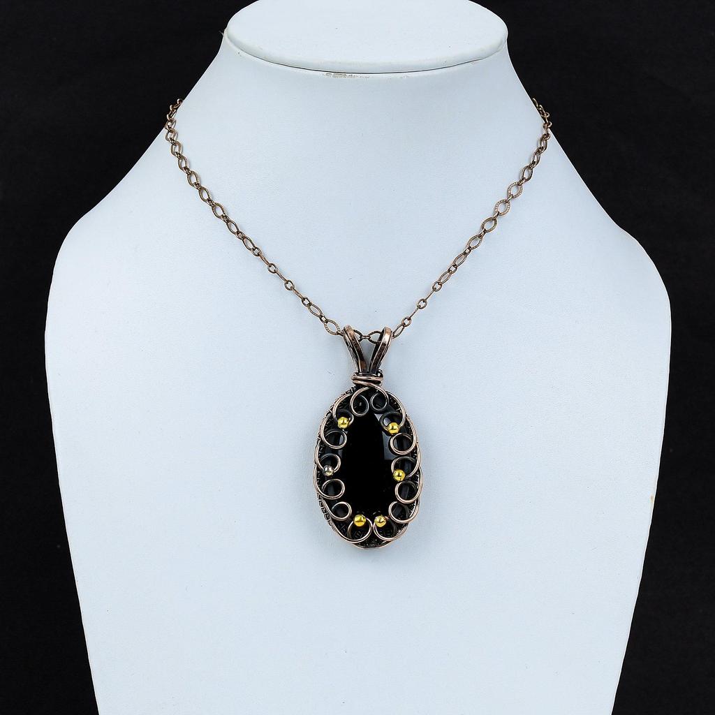 Lovely Black Onyx Gemstone Pure Copper Wire Wrapped Handmade Pendant Jewelry