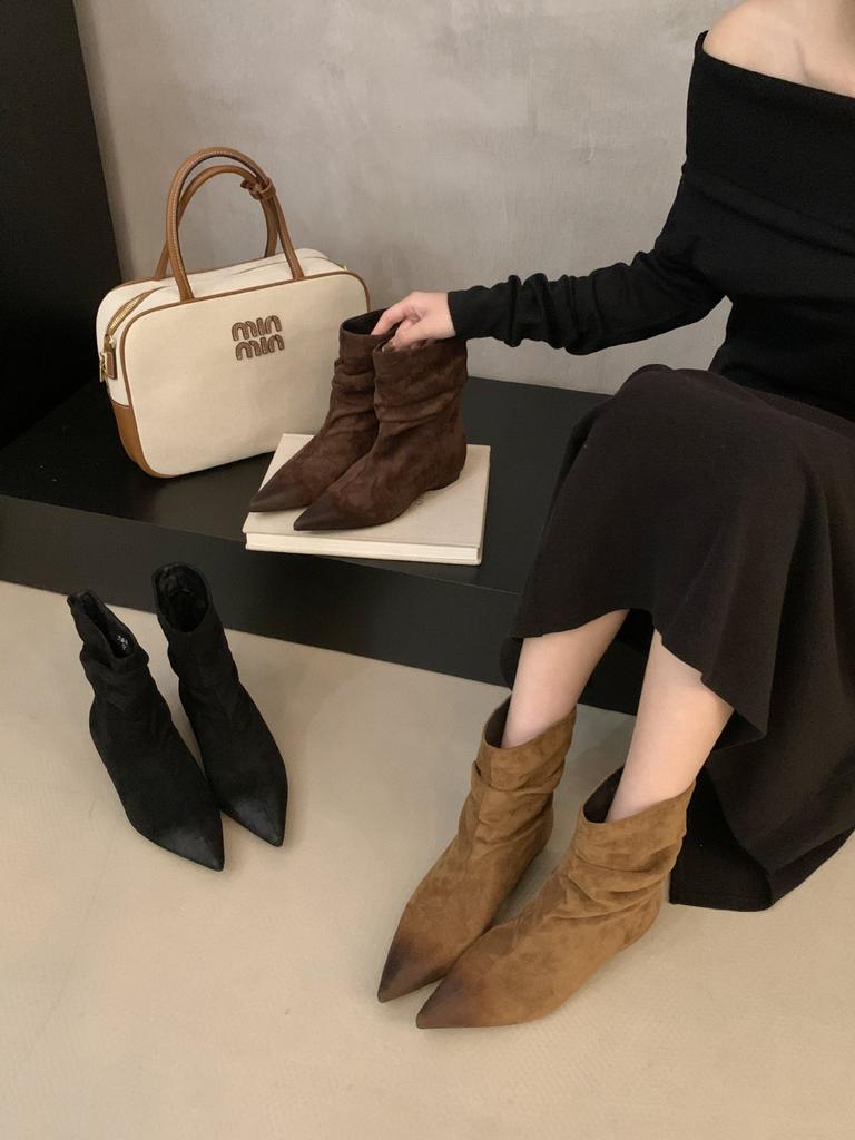 French pointed head polished color inner fold thin short boots women's autumn and winter new retro pleated stacked short bare boots