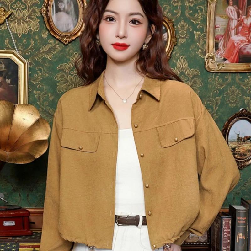 Spring Summer Cropped Button Down Jacket Long Sleeve Casual Shacket Chest Pocket for Streetwear S имбирный