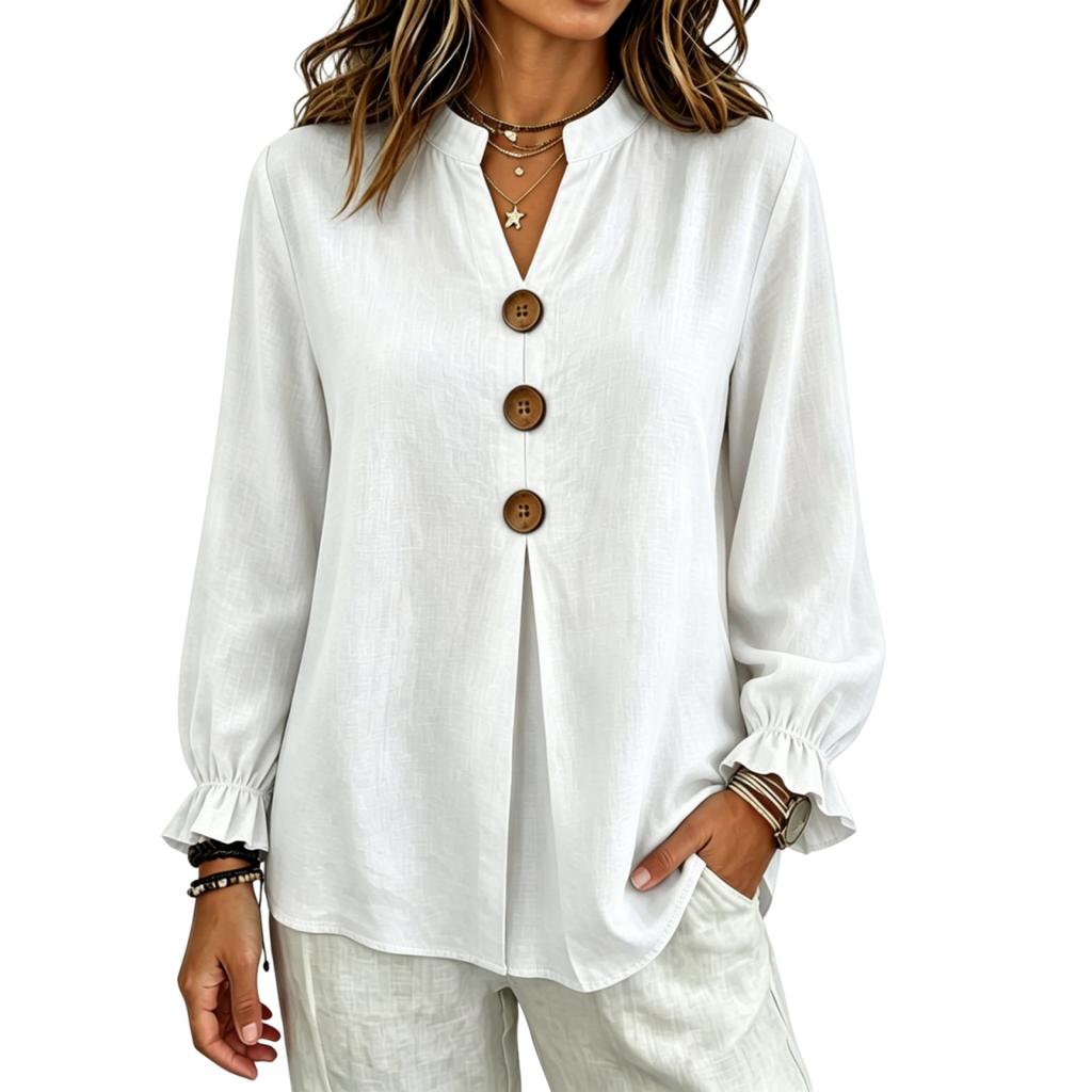 Women's V Neck Button Front Long Sleeve Blouse for Work and Casual