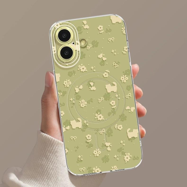 Spring Mobile Phone Case Is Suitable for Iphone17pm Floral Kitten Apple 16/15 Magnetic Suction 14 with Bracket 13/12 Set