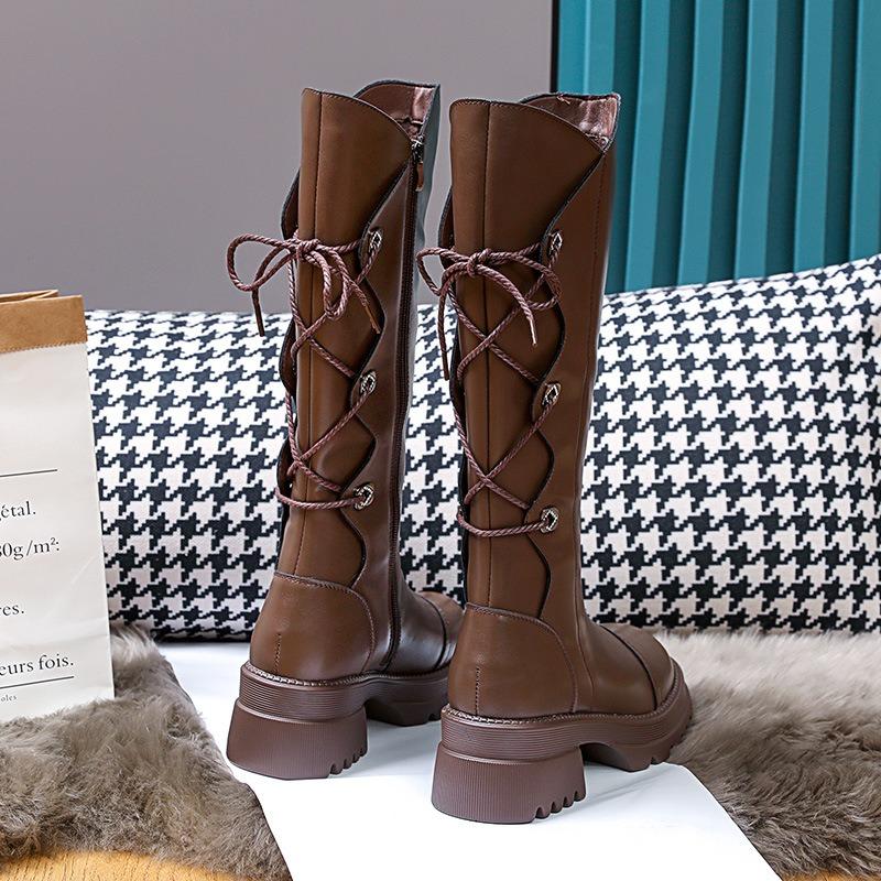 Cizme de damă de modă din piele de vacă cu platformă, cowboy occidental, cavaler, pantofi de damă de designer cu talpă moale, cizme de modă până la genunchi, de damă