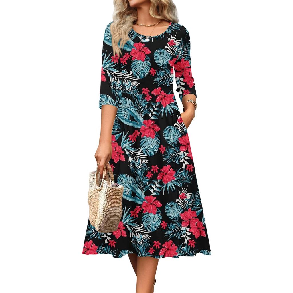 3/4 Sleeve Women's Dress Casual Flowy A-Line Midi Tshirt Dresses With Pockets Crewneck Vocation Boho Beach Sundress