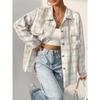 Women's Spring and Autumn Casual Mid-Length Plaid Loose Cardigan Lapel Tops