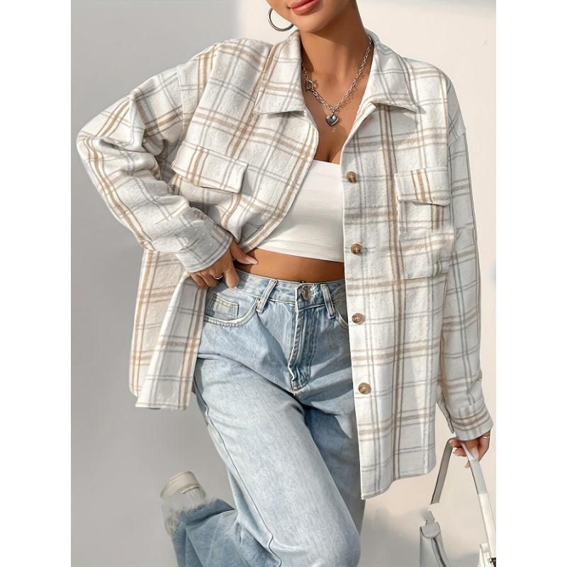 Women's Spring and Autumn Casual Mid-Length Plaid Loose Cardigan Lapel Tops