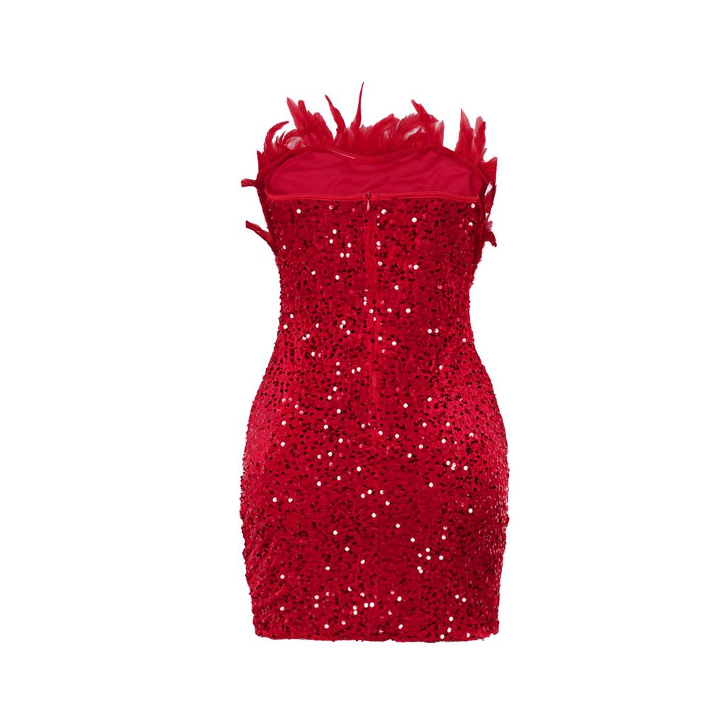 European & American Strapless Feather Sequin Bodycon Dress