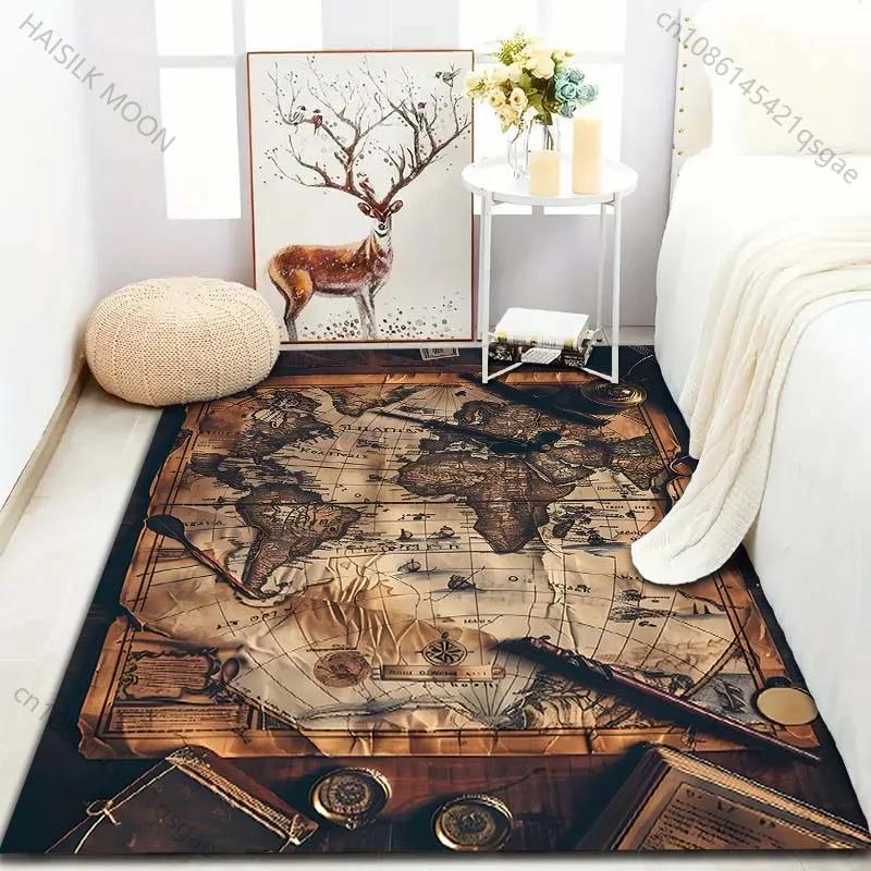 3D HD Vintage Nautical World Map Print Carpet Non-Slip Soft Rug Indoor Floor Mat Decorative Washable Rug for Teens Adult Gifts