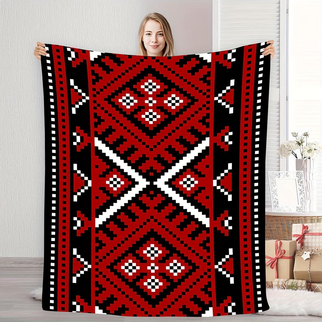 Klassische Rot Schwarz Geometrische Flanell bedruckte Decke geeignet für alle Jahreszeiten geeignet für Wohnzimmer Büro Sofa und Reisen