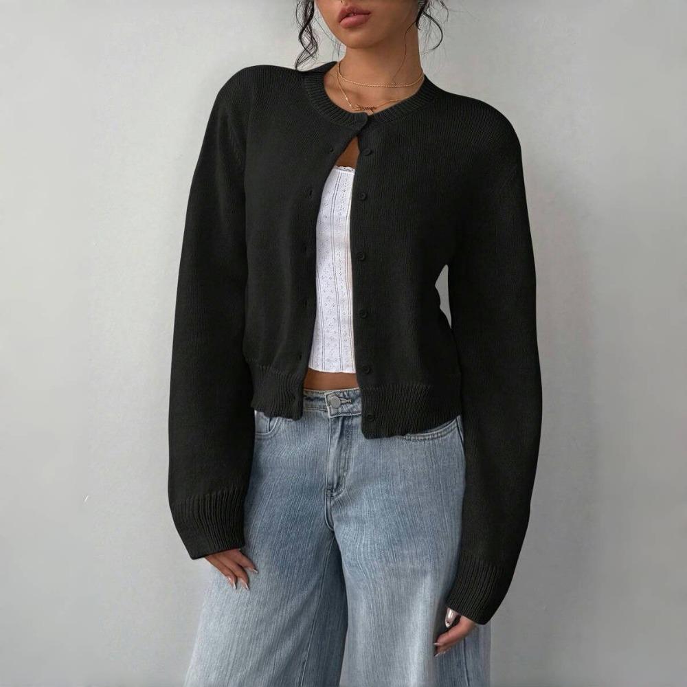 VAYLA Basics Ležérní jednobarevný kulatý výstřih dlouhý rukáv volný zkrácený dámský svetr kardigan