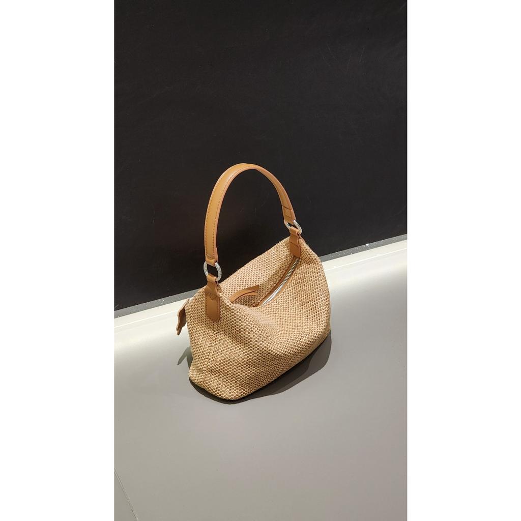 2025 Neue regenbogenfarbene gestreifte gewebte Brotdosentasche Raffia Achseltasche modische Schulter-Umhängetasche Echtleder Damen Tasche