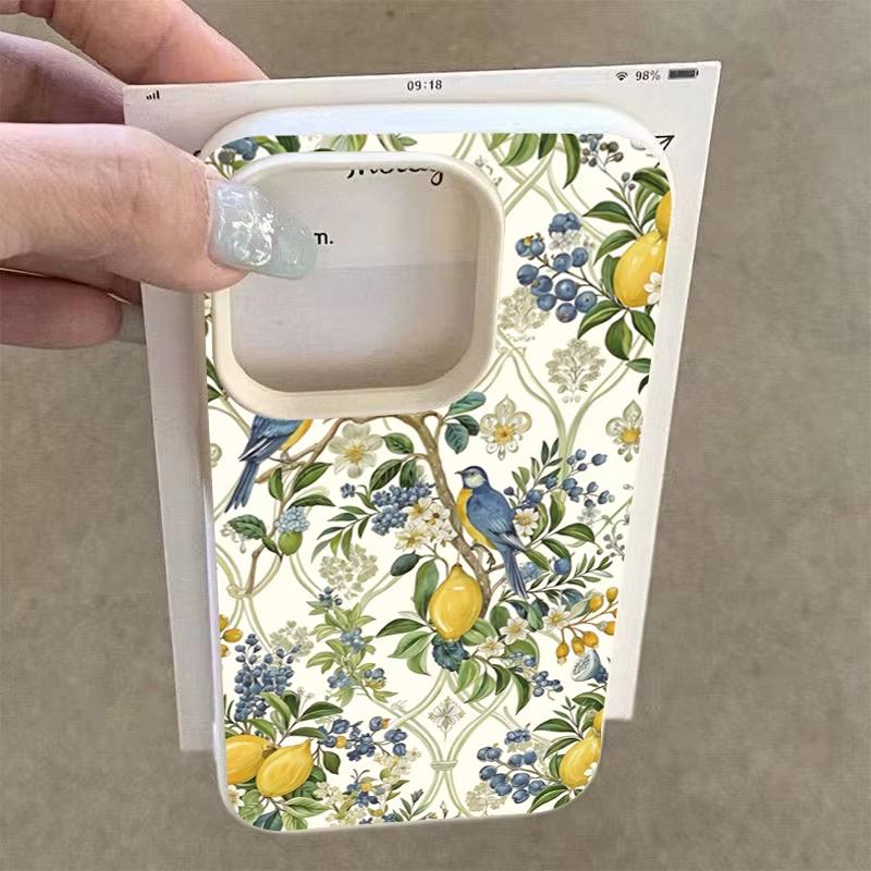 Husă de telefon cu imprimeu proaspăt de lămâi, păsări și flori pentru seria iPhone 17 16 15 14 13 12 11 Pro Max Plus Protecție cu strat dublu