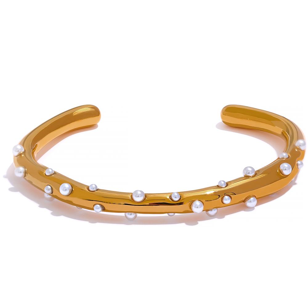 

Yhpup Elegant Imitation Pearls Stainless Steel Gold Color Open Cuff Bracelet Bangle for Women Texture Charm Jewelry