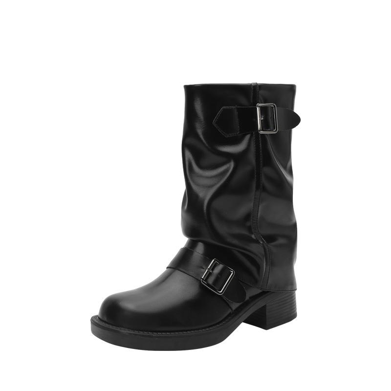 Women's Retro Buckle Mid-Calf Chunky Heel Boots: Round Toe, Wide Shaft, Ruched Ankle, Western Style for Autumn/Winter