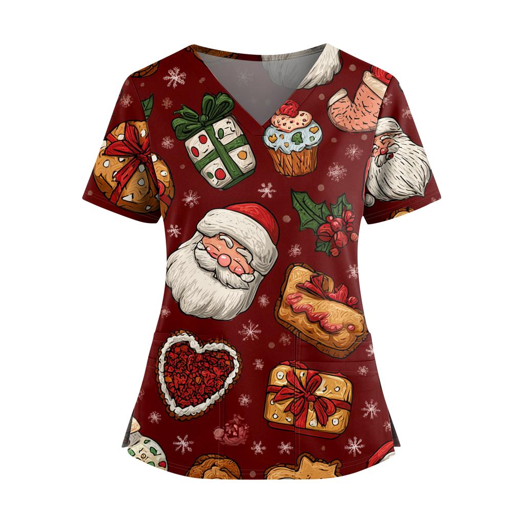 Women's Christmas Print V-Neck Double Pocket Short Sleeves Hem Slit Uniform And Caregiver Top