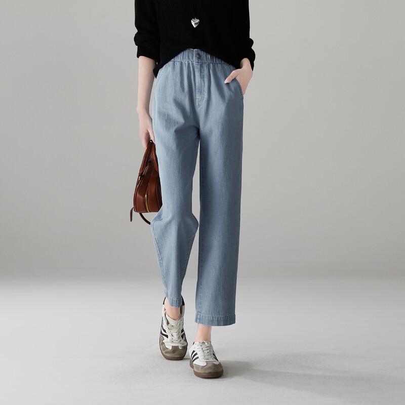 SOFSIL Women s Elastic Waist Linen Blend Straight Leg Cropped Jeans 28/L