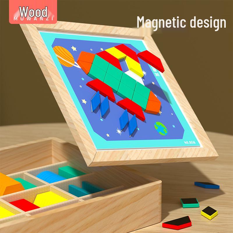 Double-Sided Wooden Magnetic Puzzle & Drawing Board: Tangram & Geometric Building Blocks for Kids' Education