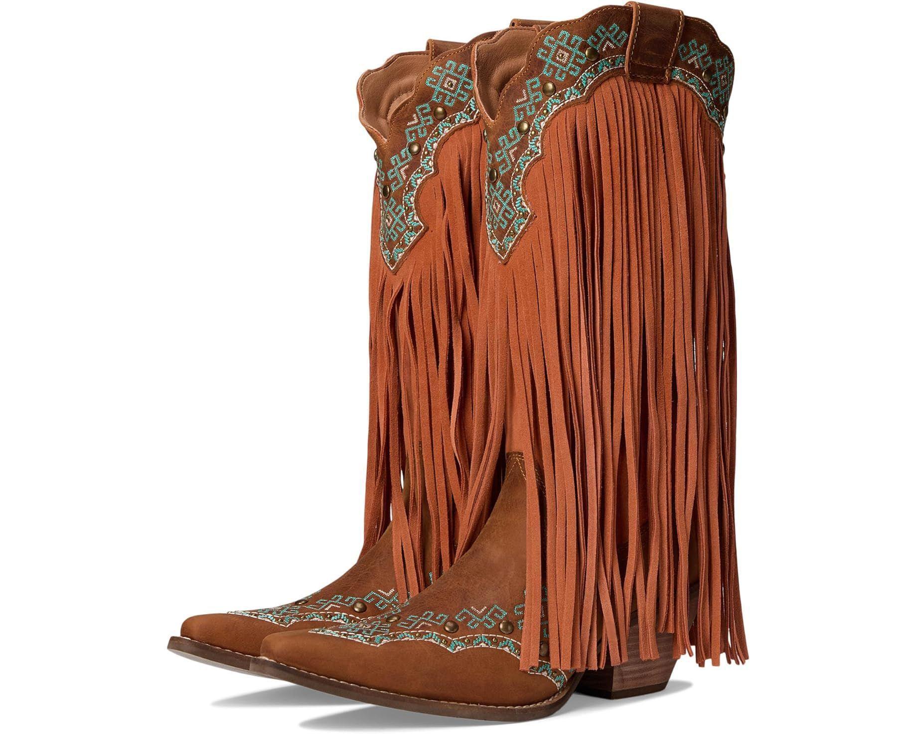 

Cowboy boots embroidery autumn and winter new knight boots large size fringed thick heel rivet western high boots 39 коричневый