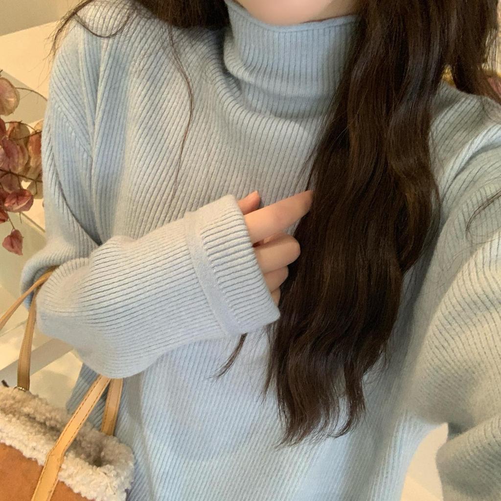 Blue turtleneck long-sleeved bottomed knitted sweater for women's autumn and winter large size fat mm loose thickened warm pullover sweater inside