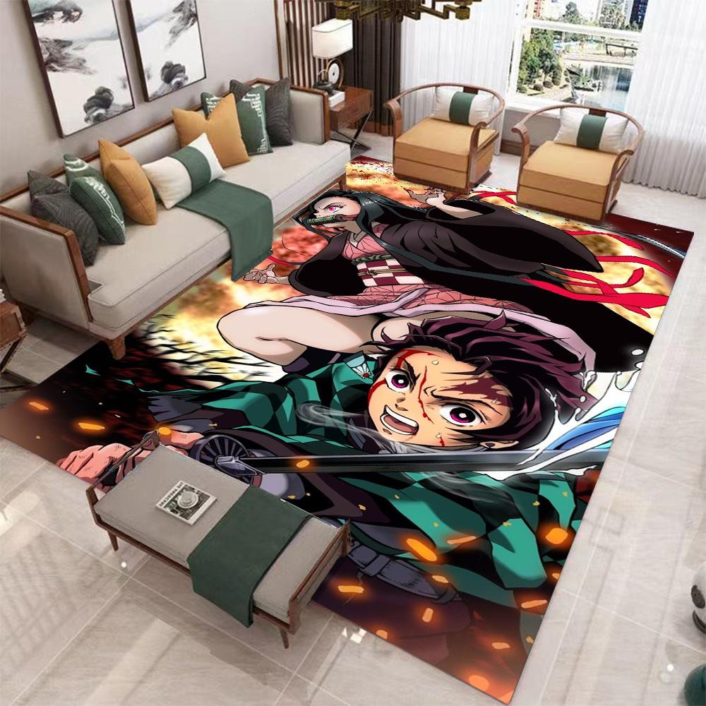 Demon Slayer Tanjiro Nezuko Theme Living Room Carpet Flame Effects Character Designs Large Area Rug for Anime Fans Home Decor