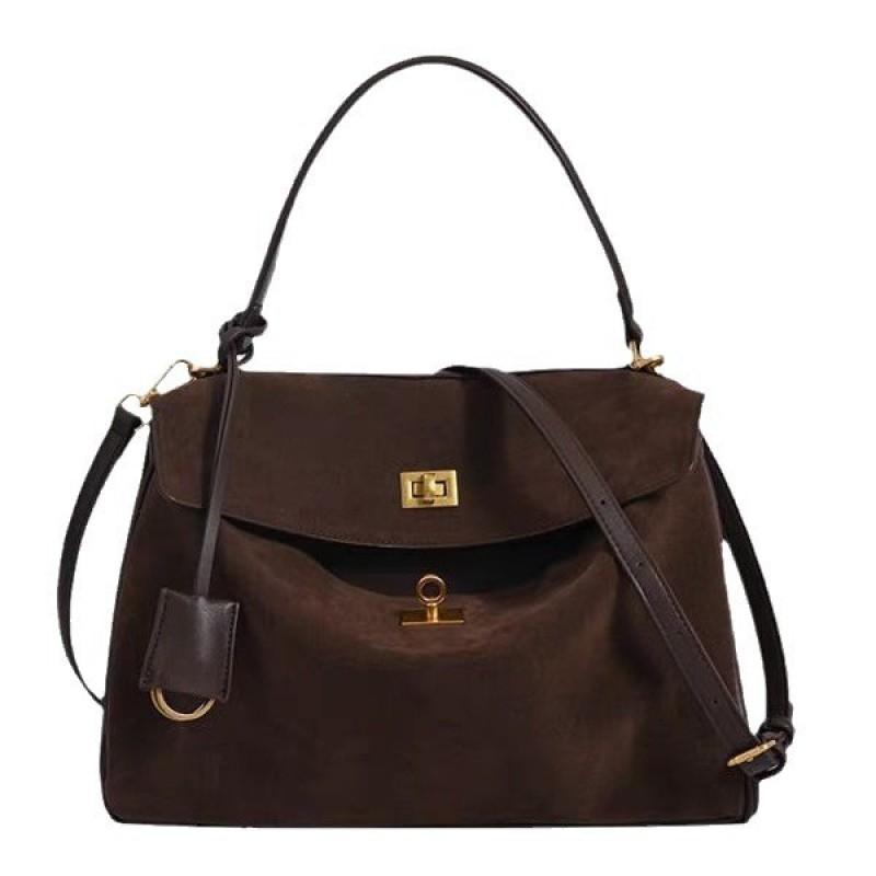 Rodeo Suede Leather Tote Bag Women Large Capacity Commuter Shoulder With Snap Lock Minimalist Matte Finish