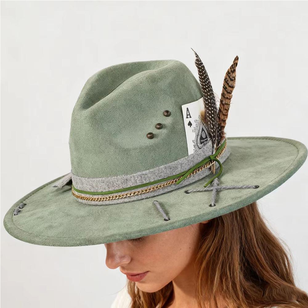 Color Blocking Wildleder Fedora Hüte für Damen Herren Großer Breiter Rand Klassischer Wildleder Panama Hut Western Partyhut Sombrero Rockero Mann