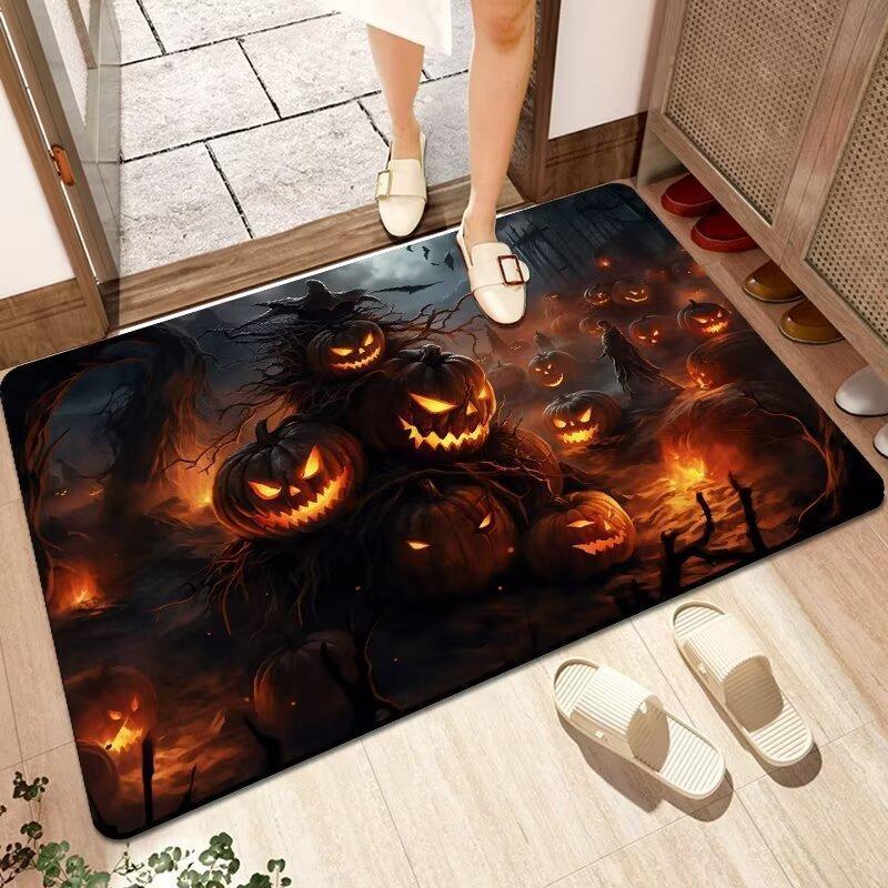 Halloween Themed Door Mat with Pumpkin Bat Pattern Non Slip Absorbent Indoor Outdoor Welcome Mat for Home Decor