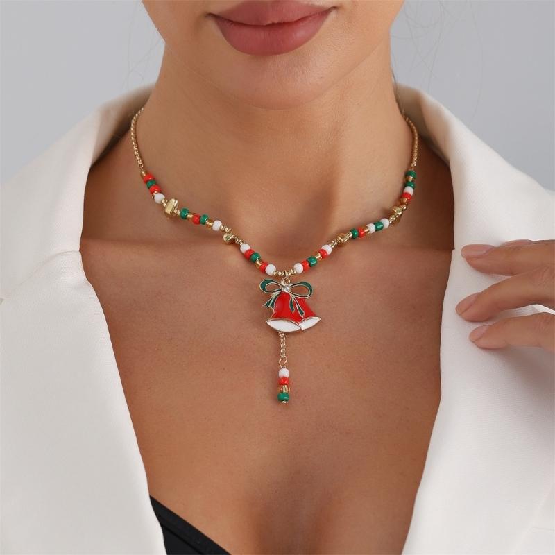 Festive Christmas Cartoon Bell Pendant Beaded Necklace Adjustable Collarbone Chain Jewelry Gift For Women