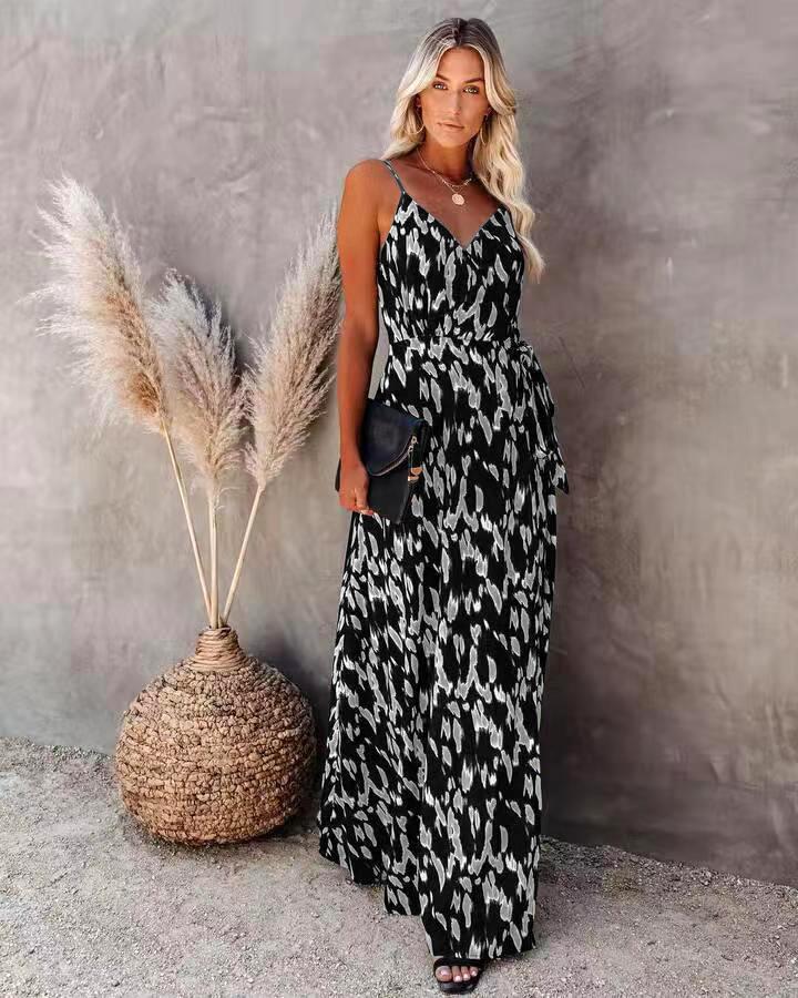 New European and American Women's Clothing Independent Station Dress with Split Suspenders and Sexy Printed Long Dress