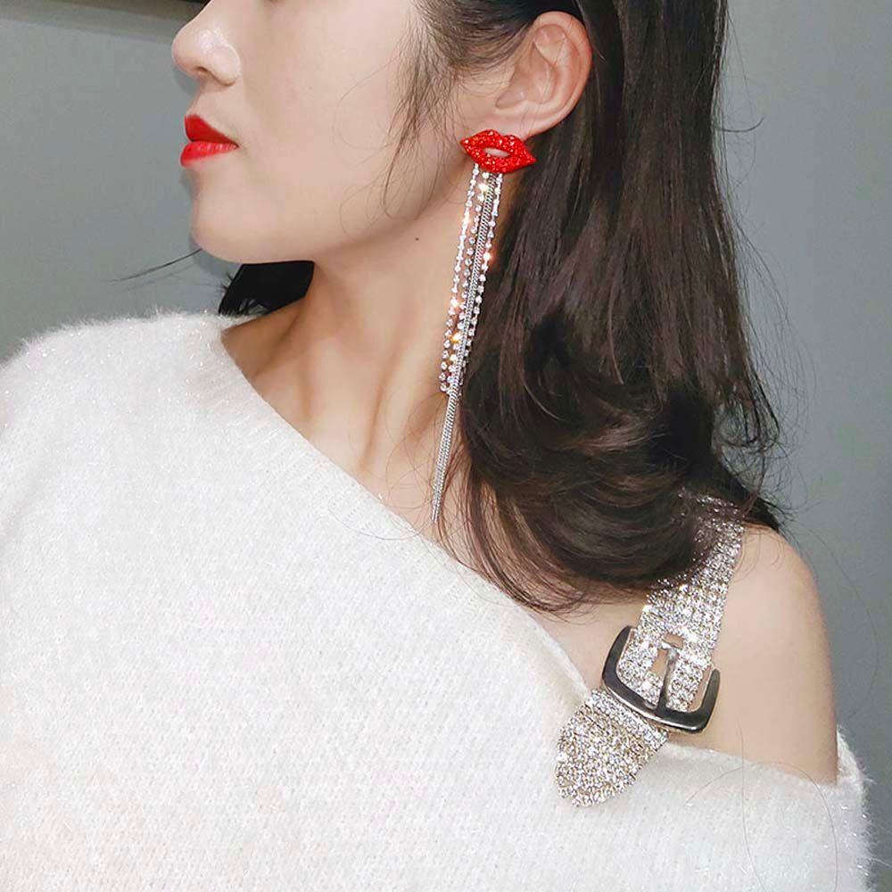 Mouth Crystal Gift For Women Red Lips Tassel Stud Earrings Drop Earrings Jewelry Dangle Earring