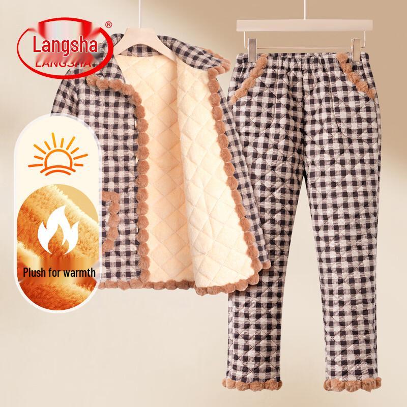 LangSha Women s Winter Plus Velvet Plaid Two-Piece Set 3XL