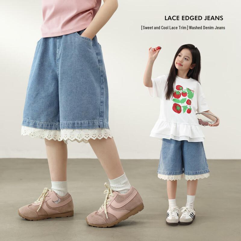 Стильные джинсовые шорты-капри LUSON для девочек с кружевной отделкой 160