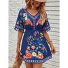 Bohemian Retro Ethnic Tassel Embroidered Waist-Cinching Short Holiday Dress with Short Sleeves