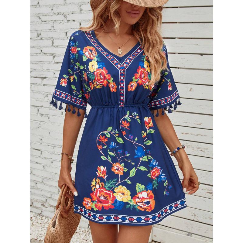 Bohemian Retro Ethnic Tassel Embroidered Waist-Cinching Short Holiday Dress with Short Sleeves