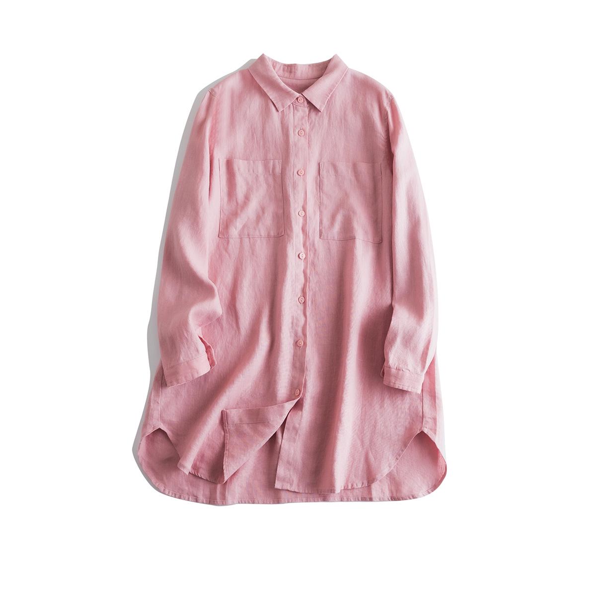 

Осенняя художественная рубашка свободного кроя из льна и хлопка 2024 года с длинными рукавами и лацканами, с большим карманом L розовый