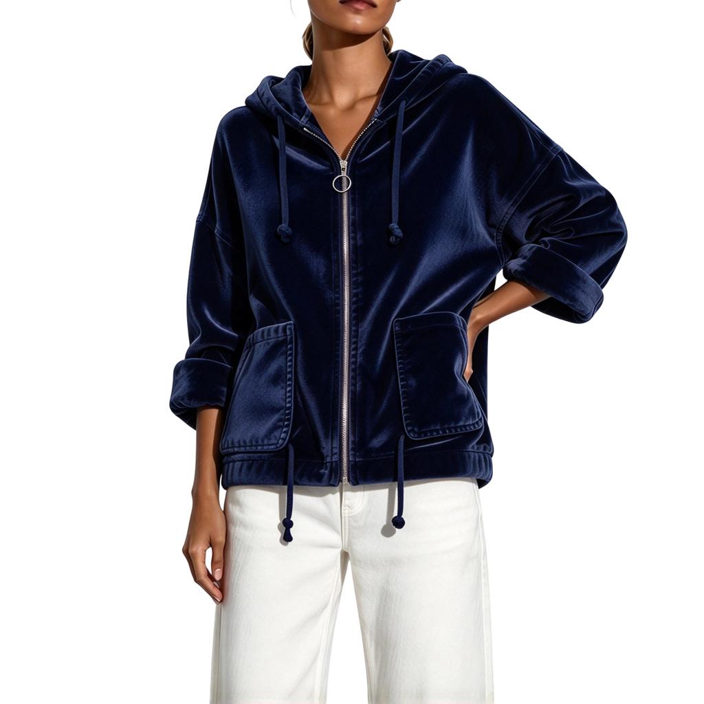 Giacca da donna con cappuccio, zip frontale e tasche, a maniche lunghe, per abbigliamento casual