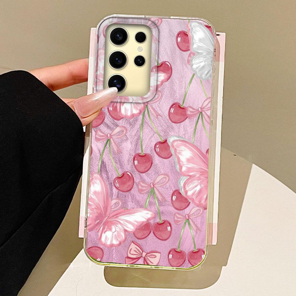 Pinke Frucht Kirsche Schmetterling Feder Textur Handyhülle für Samsung Galaxy S25 S24 S23 S22 S21 FE Plus Ultra Hülle Silikonabdeckung