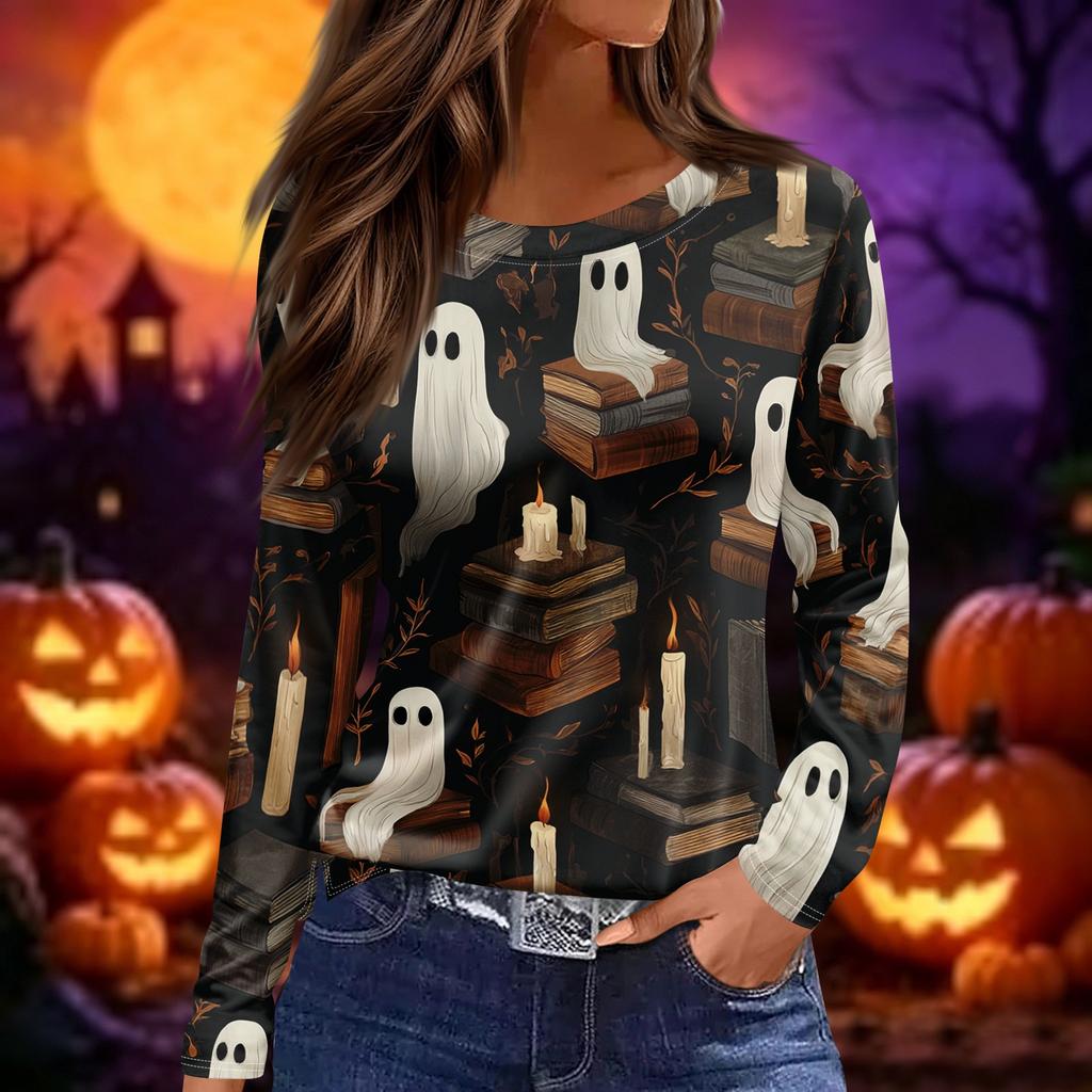 Women's Halloween Print Long Sleeve Round Neck Top with Hem Slits for Casual Fall Outings