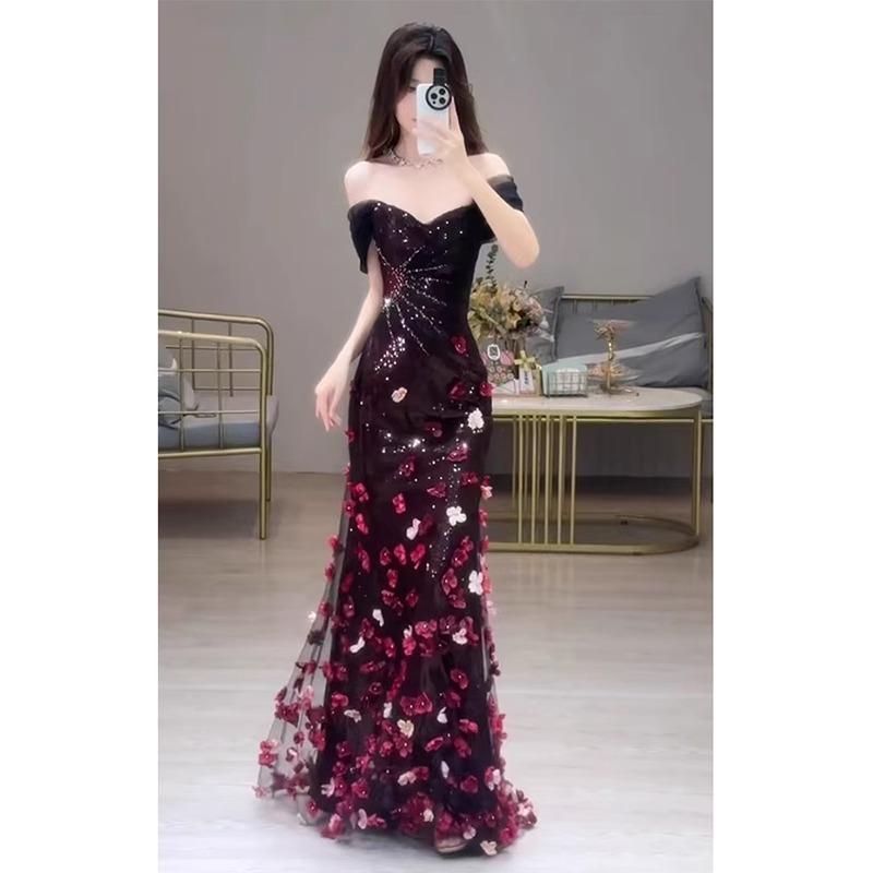 One-word shoulder toast, bridal flower sequins, engagement banquet evening dress, fishtail skirt, host, advanced sense art test