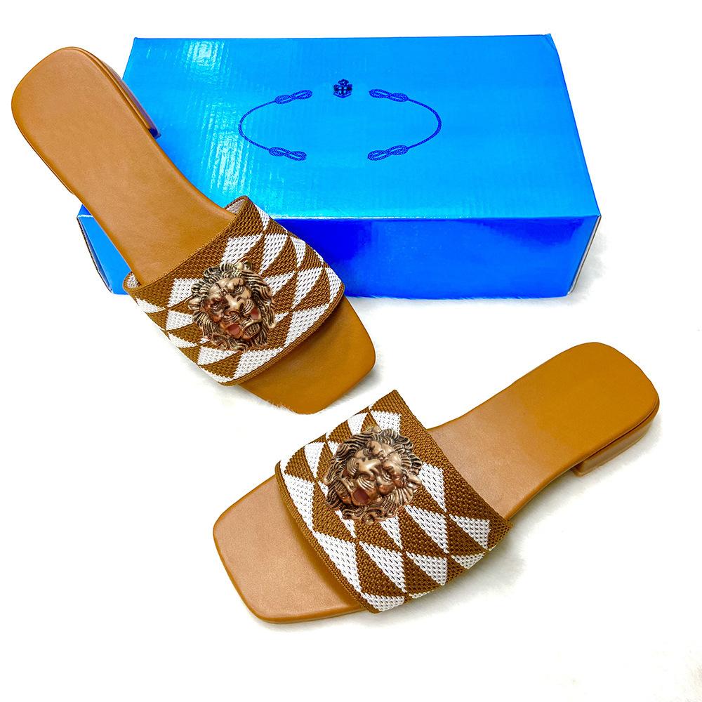 New Women's Embroidered Low Heels Slippers Europe and the United States Large Size Square Head Sandals Leather Shoes