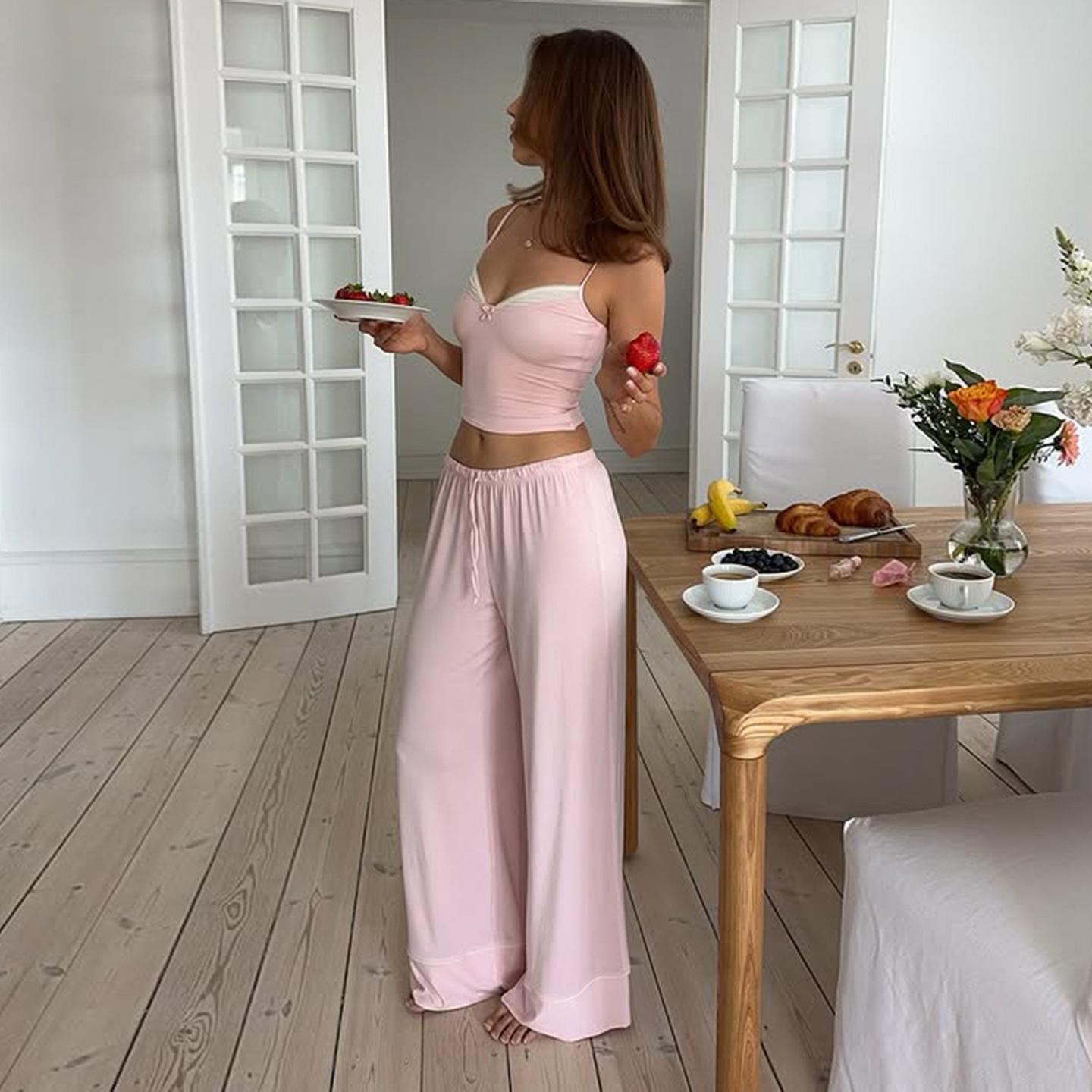 Women Lace Camisole Loungewear Set, Two‑Piece Homewear with Slim Fit Elastic Waist Pants, Cozy Summer Outfit S розовый