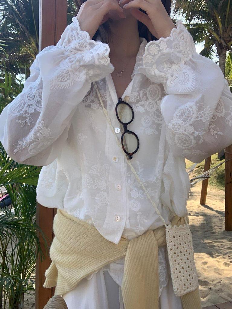 Women's Lemon Green Tea Lace Embroidery Jacquard Shirt - 3D Retro Sun Protection Cardigan for Spring 2026.