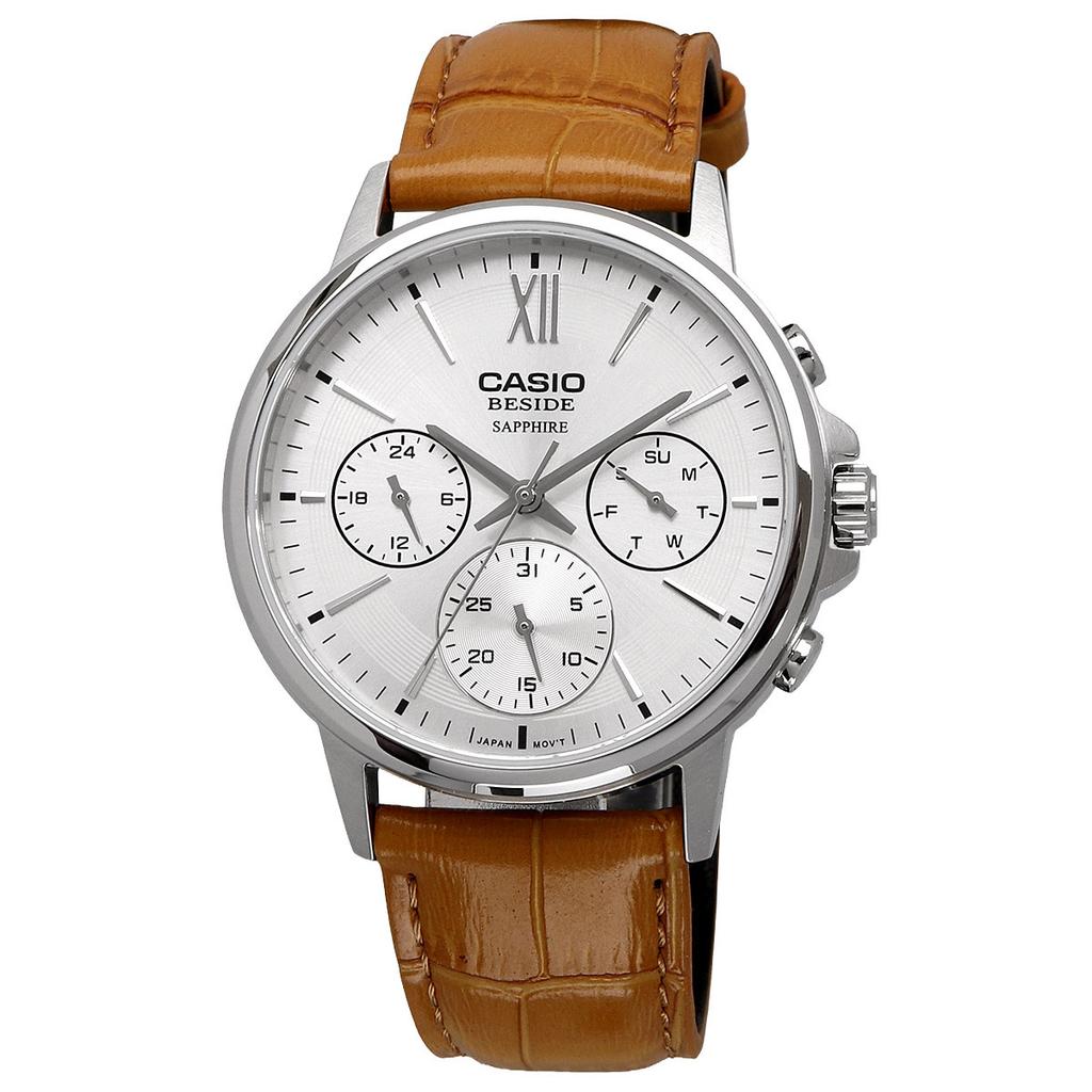 Casio BESIDE Quartz Sapphire Leather Display Men's Watch, Glass, BMS-300L-5AV, Camel-colored Strap, Multi-axis, 24-hour