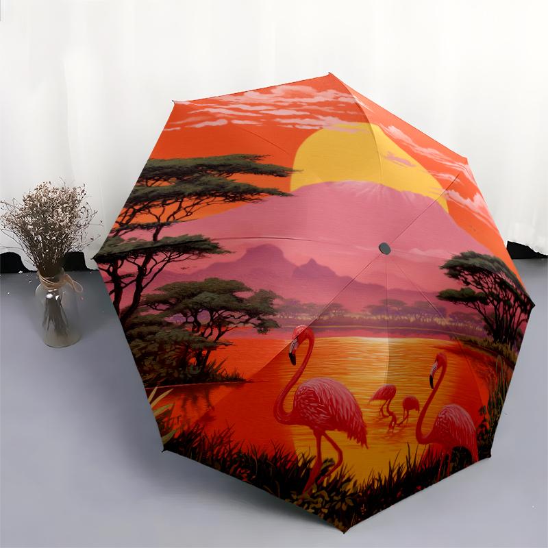 Animals and Sunset Pattern, Automatic Folding Umbrella, Portable and Foldable Design, 8 Ribs, a Christmas or Birthday Gift.