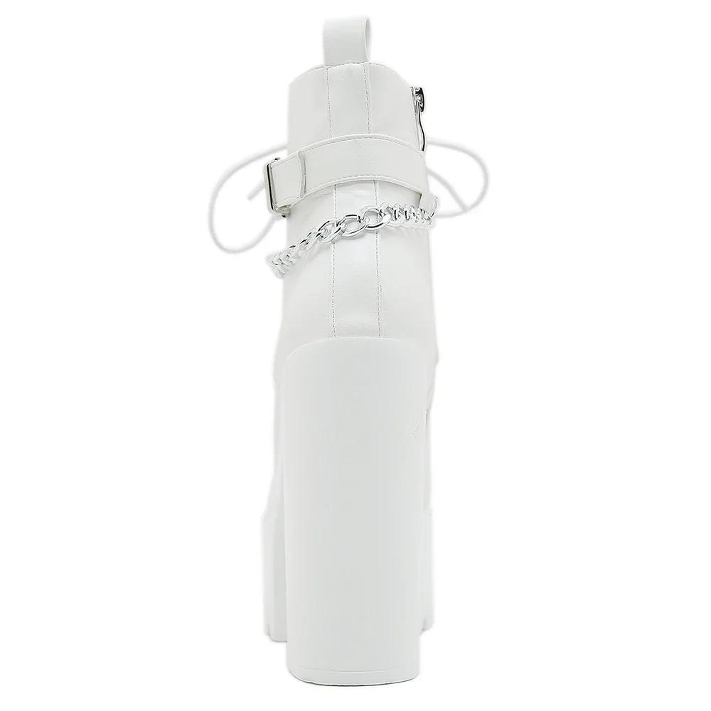 Women's Chain Decor Block Heeled Boots Fashion Lace Up Side Zipper Platform Boots Stylish Ankle Boots High Heels