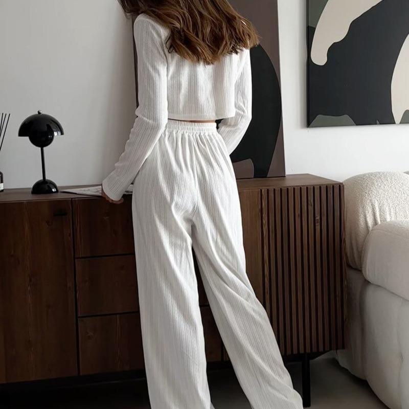 Causal Solid V Neck T-shirt Pants Suit Long Sleeve Crop Top Elastic Waist Wide Leg Pant Sets Spring Homewear Outfit